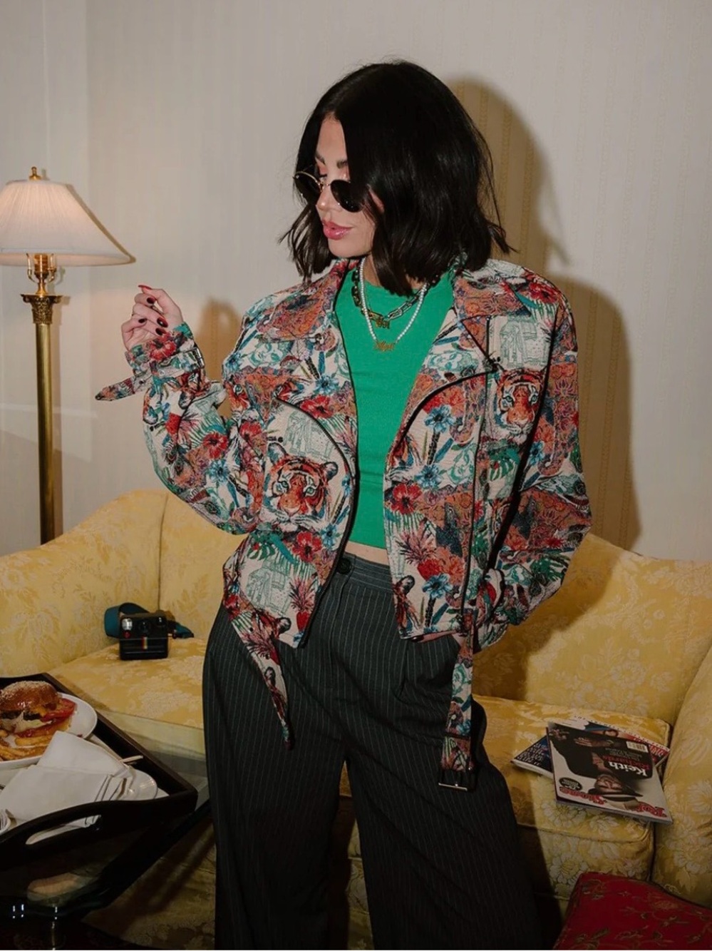 Dressed in LALA Multicolor Floral Bomber Tiger Jacket with Green Trim